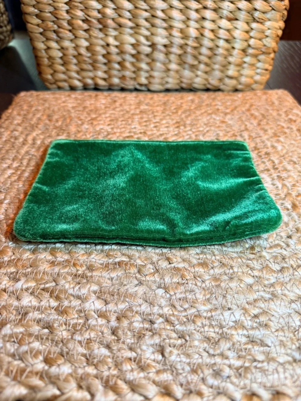ipsy Green Velvet Makeup Pouch with Gold Charm and Maroon interior